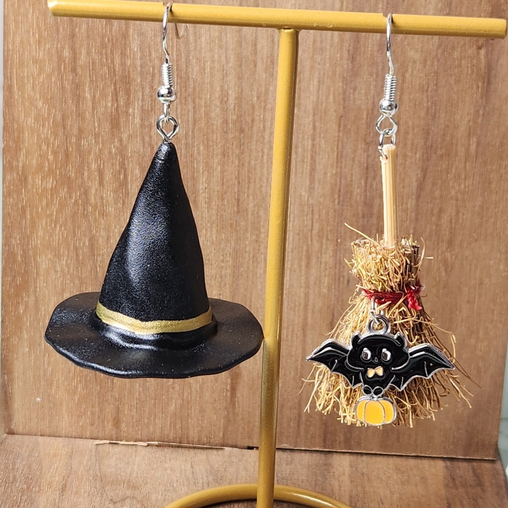 Halloween Mismatched Witch Hat & Broomstick Dangle Earrings Black Gold Bat 2.25"